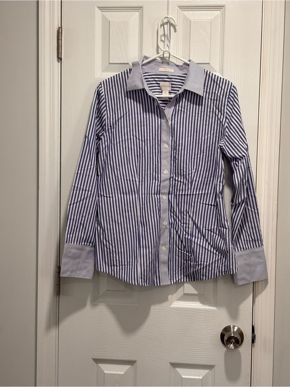 Chico's Navy and White Vertical Stripe Button-Down Shirt - Picture 3 of 10